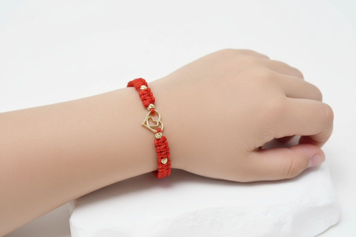 Red String Bracelet with 14K Gold and Heart Charm