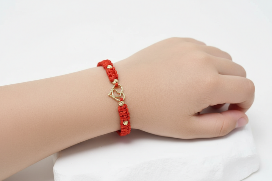 Red String Bracelet with 14K Gold and Heart Charm