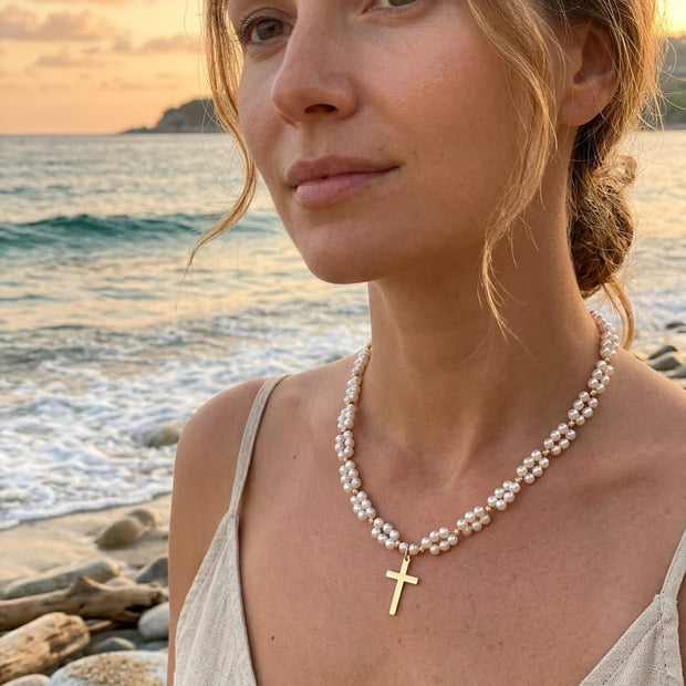 Pearl & Gold Cross Necklace