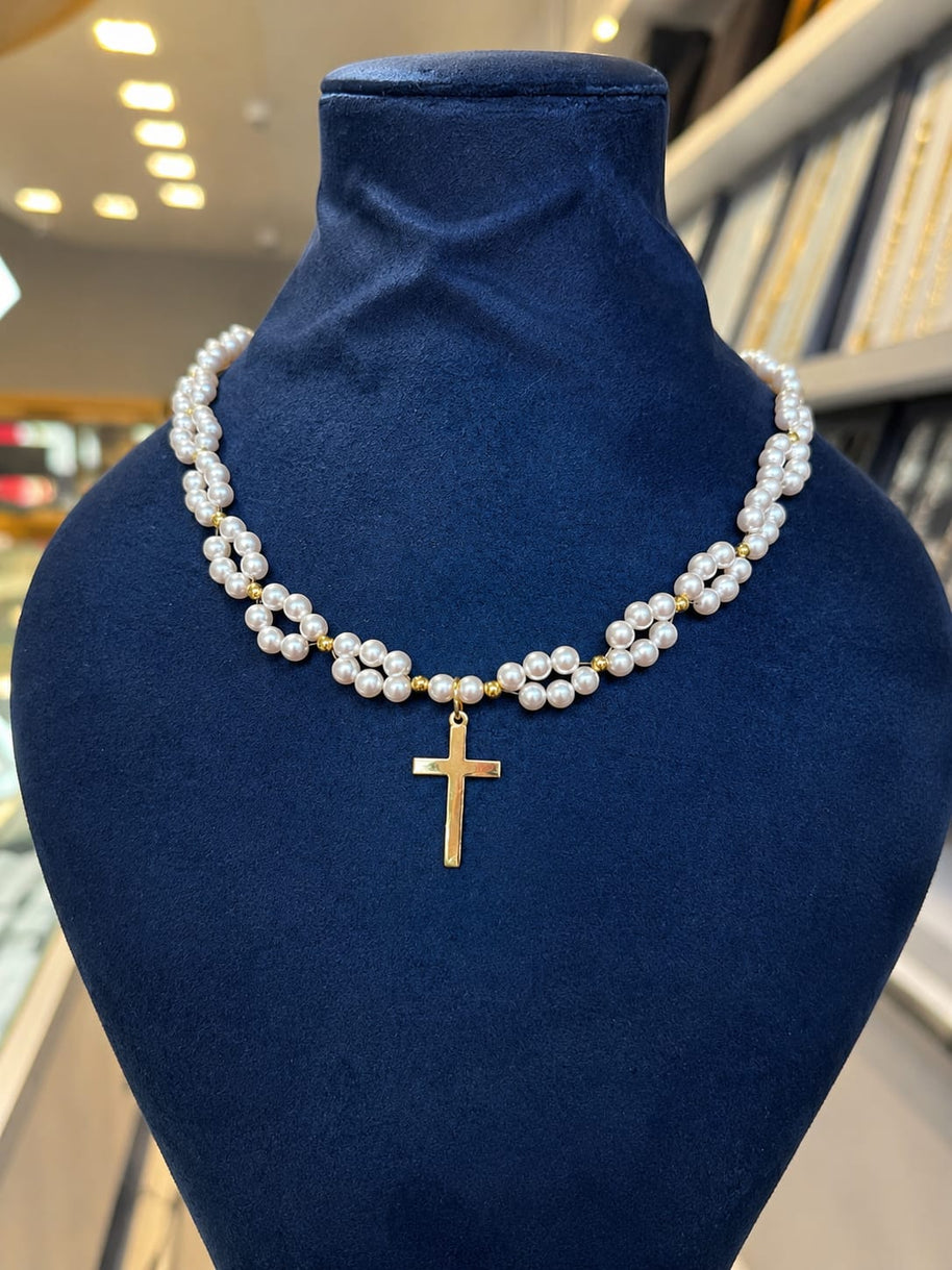 Pearl & Gold Cross Necklace