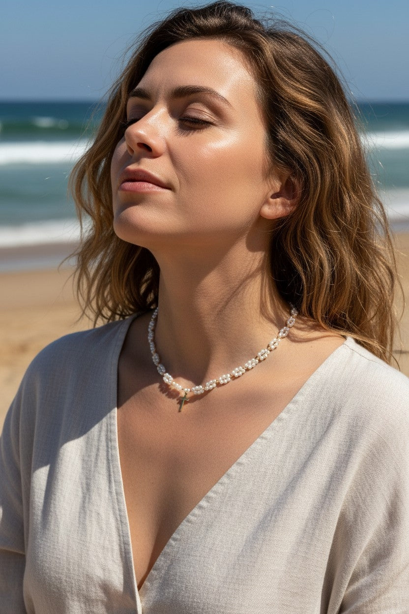 Pearl & Gold Cross Necklace