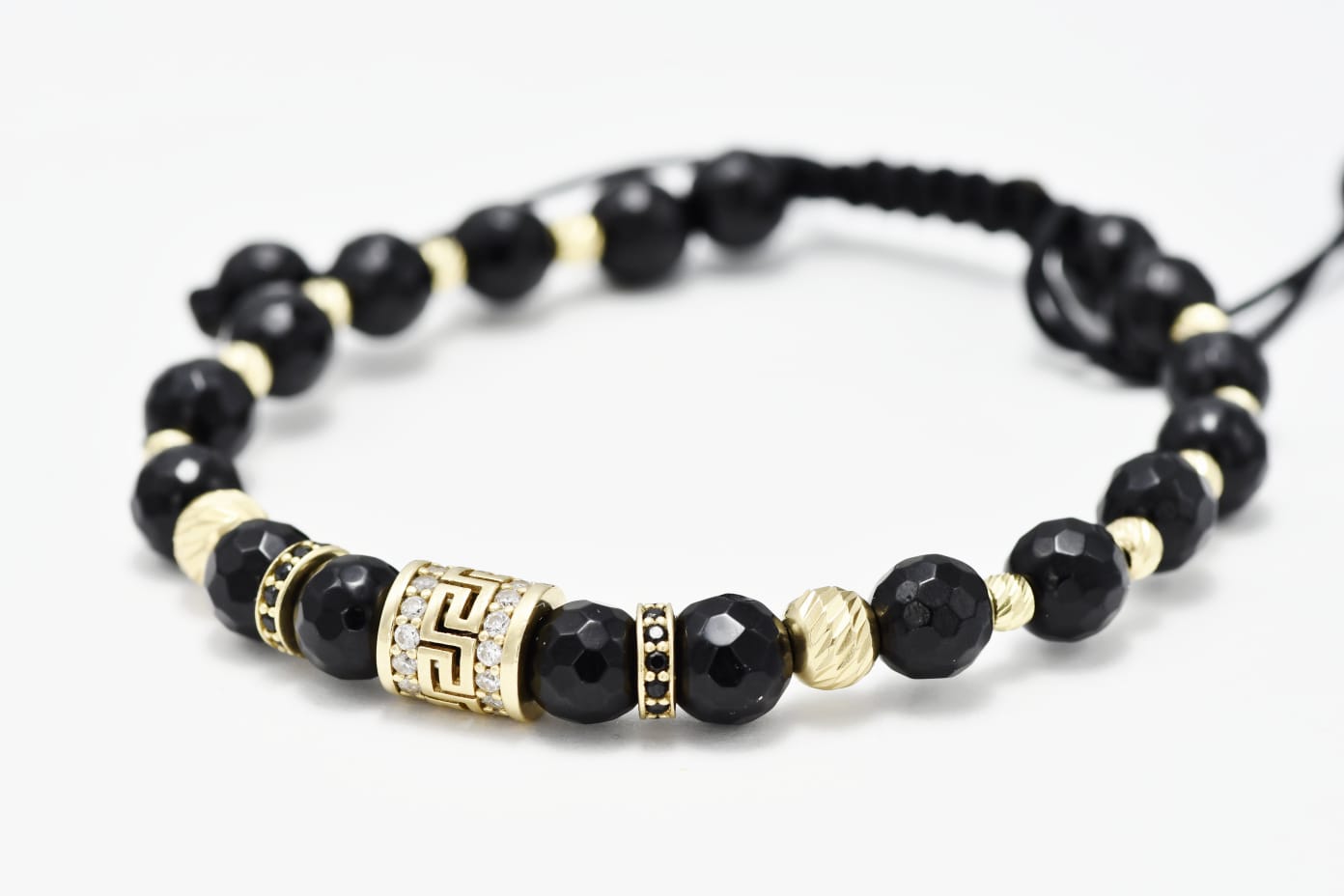 Men’s Bracelet with 14K Gold Details and Faceted Black Beads