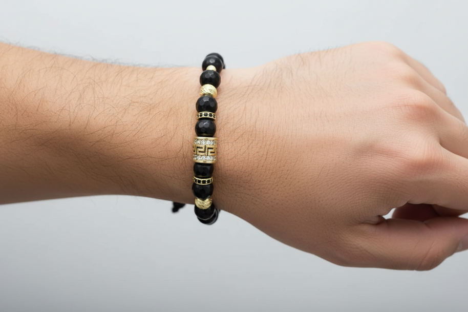 Men’s Bracelet with 14K Gold Details and Faceted Black Beads