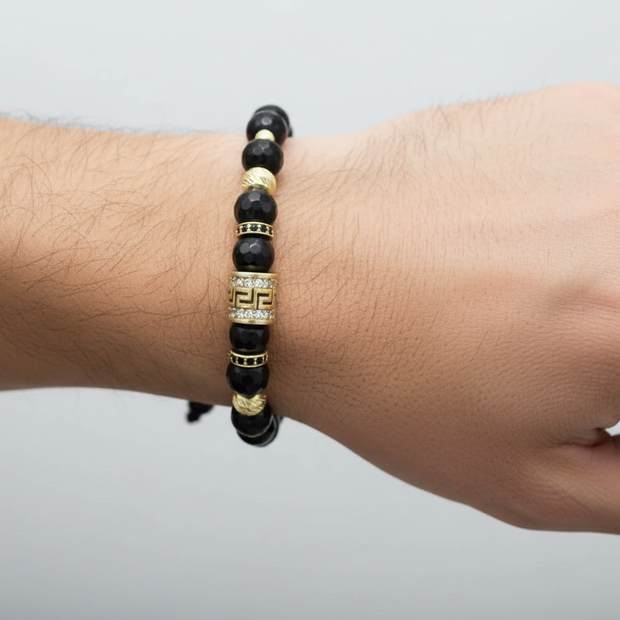 Men’s Bracelet with 14K Gold Details and Faceted Black Beads