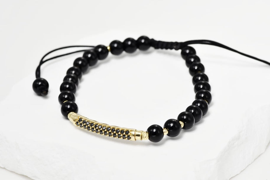 14K Gold and Black Bead Bracelet – Elegant Bar Design