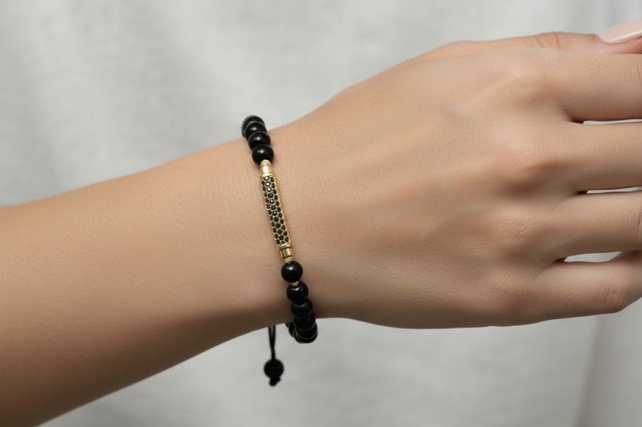 14K Gold and Black Bead Bracelet – Elegant Bar Design