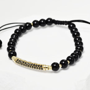 14K Gold and Black Bead Bracelet – Elegant Bar Design