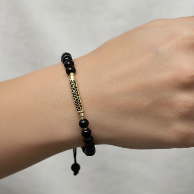 14K Gold and Black Bead Bracelet – Elegant Bar Design