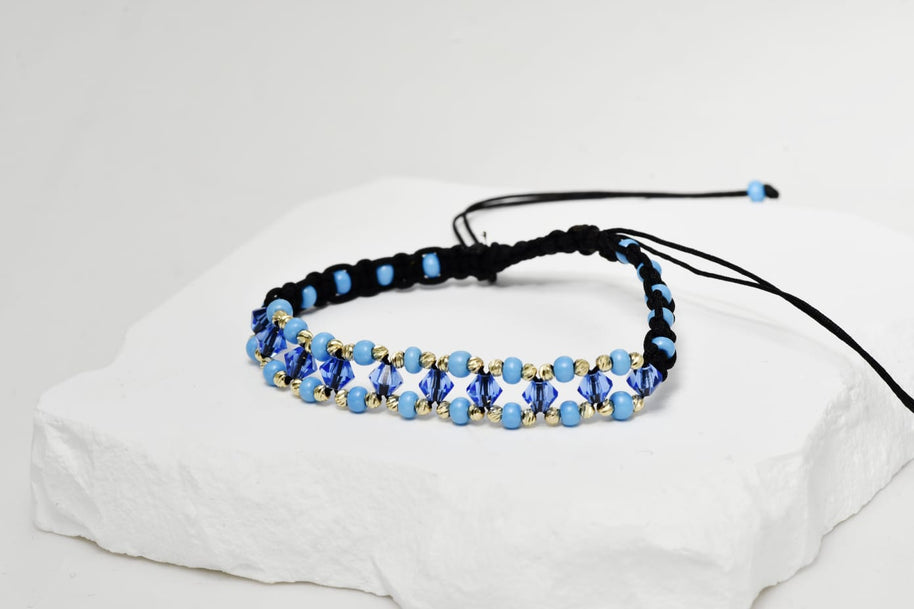 14K Gold and Blue Crystal Bracelet – Black Cord