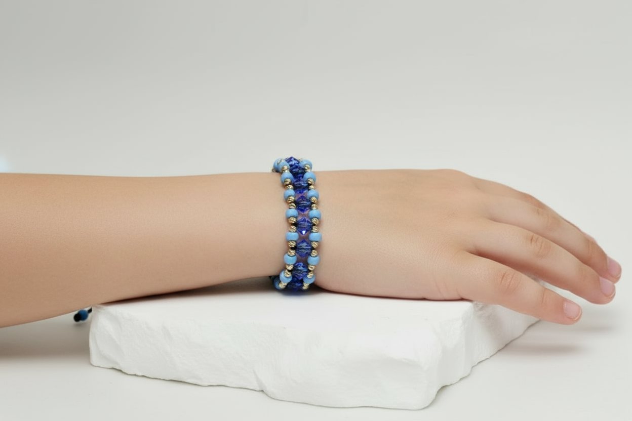 14K Gold and Blue Crystal Bracelet – Black Cord
