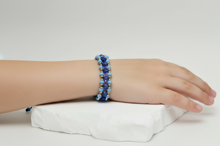 14K Gold and Blue Crystal Bracelet – Black Cord