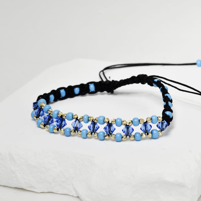 14K Gold and Blue Crystal Bracelet – Black Cord
