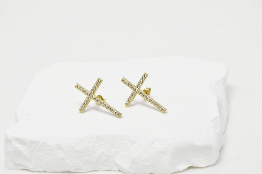Cross Stud Earrings with Zircon Stones