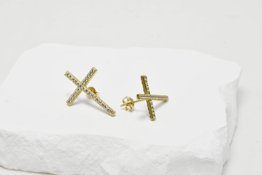 Cross Stud Earrings with Zircon Stones