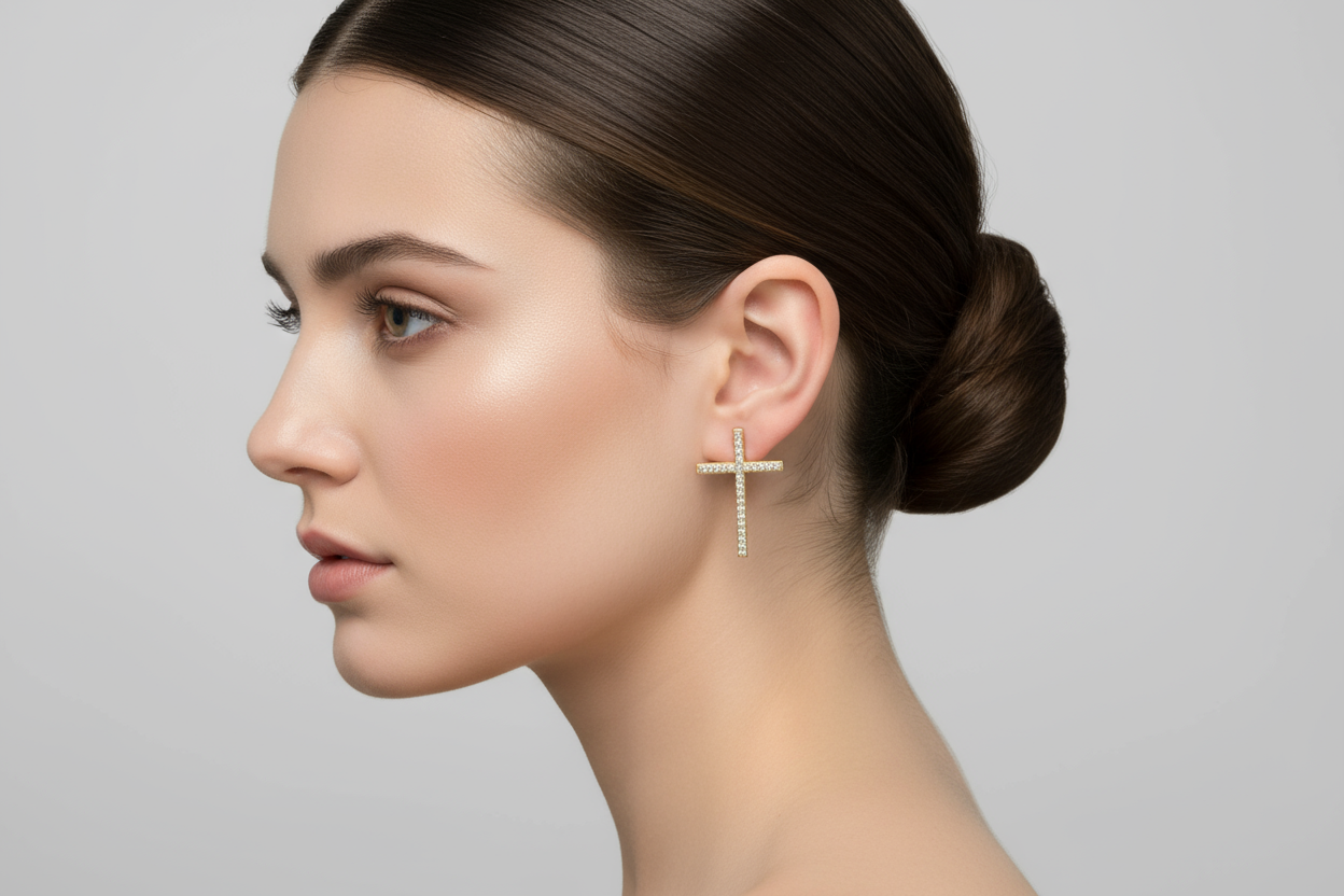 Cross Stud Earrings with Zircon Stones