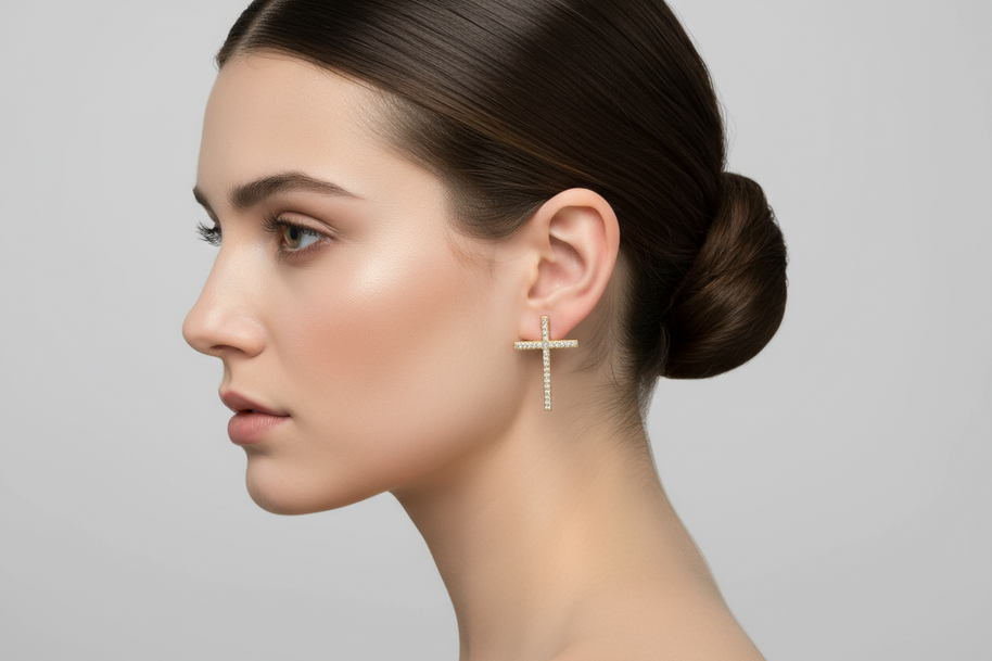 Cross Stud Earrings with Zircon Stones