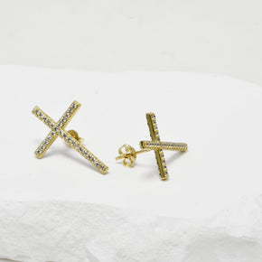 Cross Stud Earrings with Zircon Stones