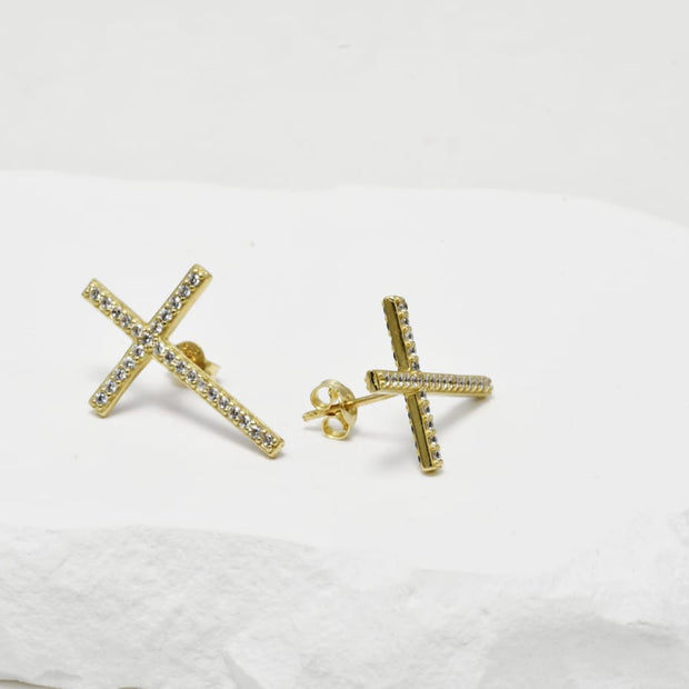 Cross Stud Earrings with Zircon Stones