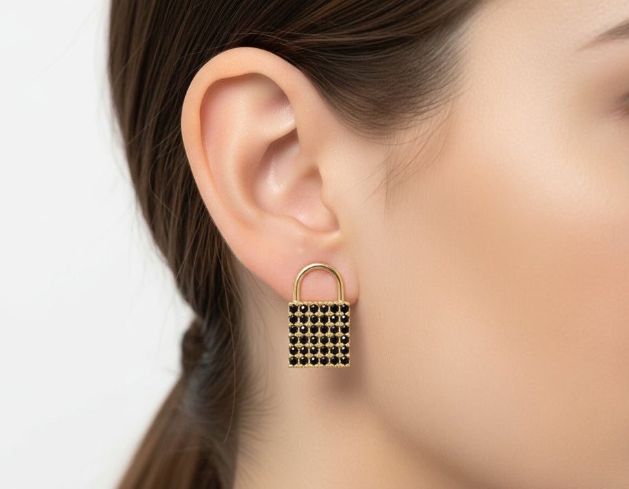 Padlock Earrings with Black Stones