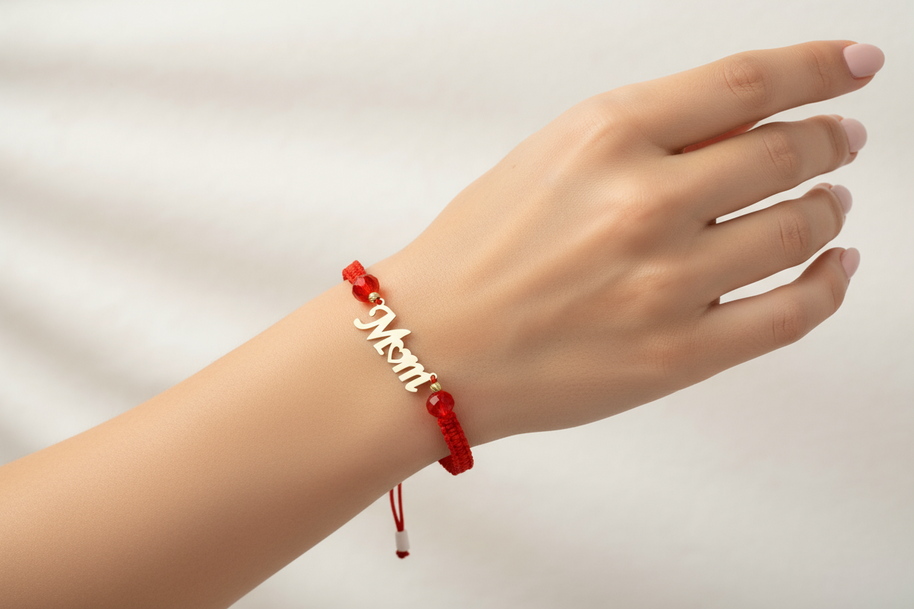 “Mom” Red String Bracelet with 14K Gold Letters