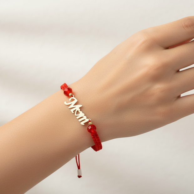 “Mom” Red String Bracelet with 14K Gold Letters