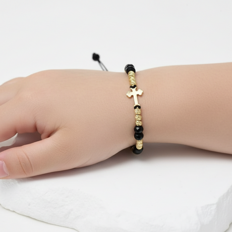 Gold Bracelet with 14K Cross Charm and 30 gold beads