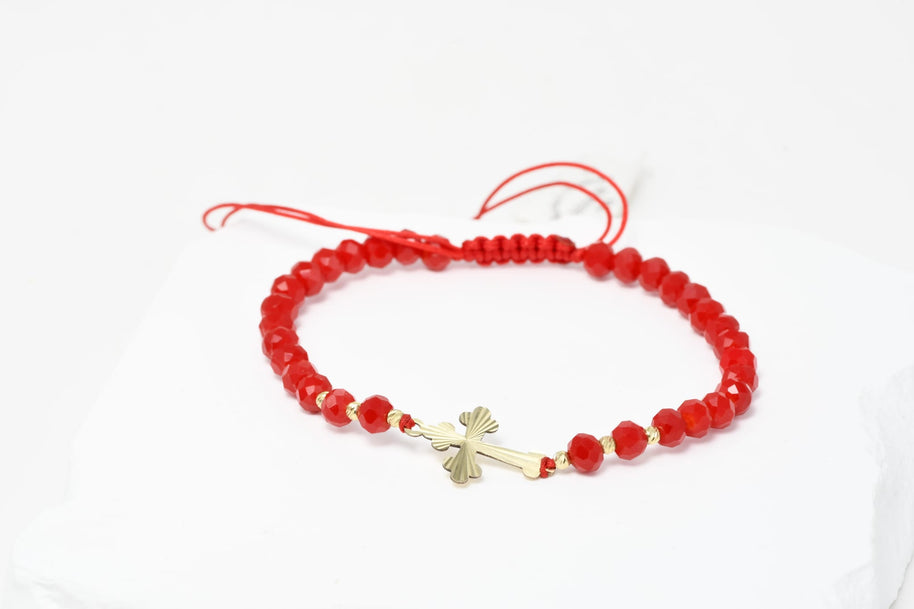 Red Beaded Bracelet with 14K Gold Cross