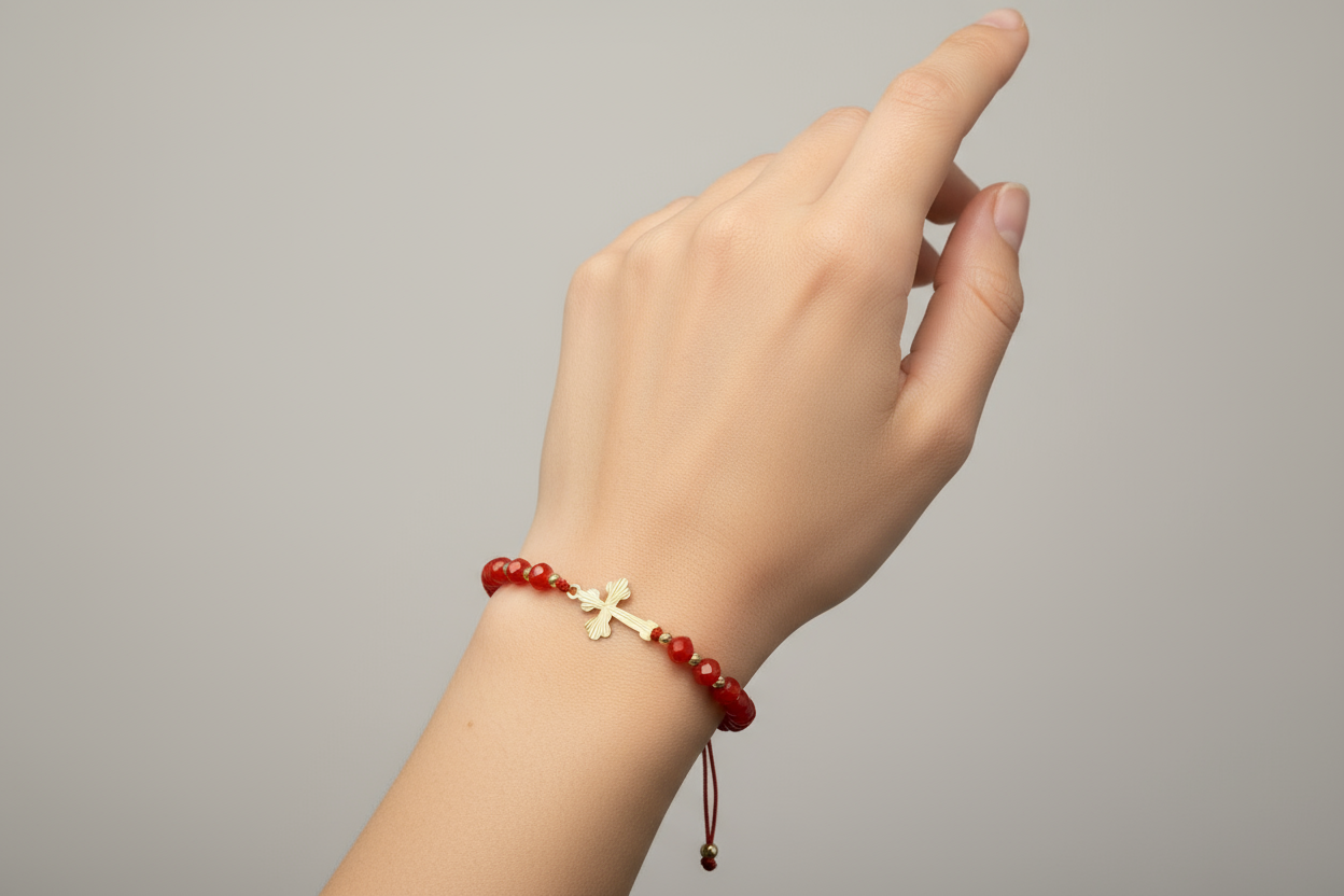 Red Beaded Bracelet with 14K Gold Cross