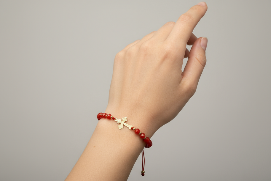 Red Beaded Bracelet with 14K Gold Cross