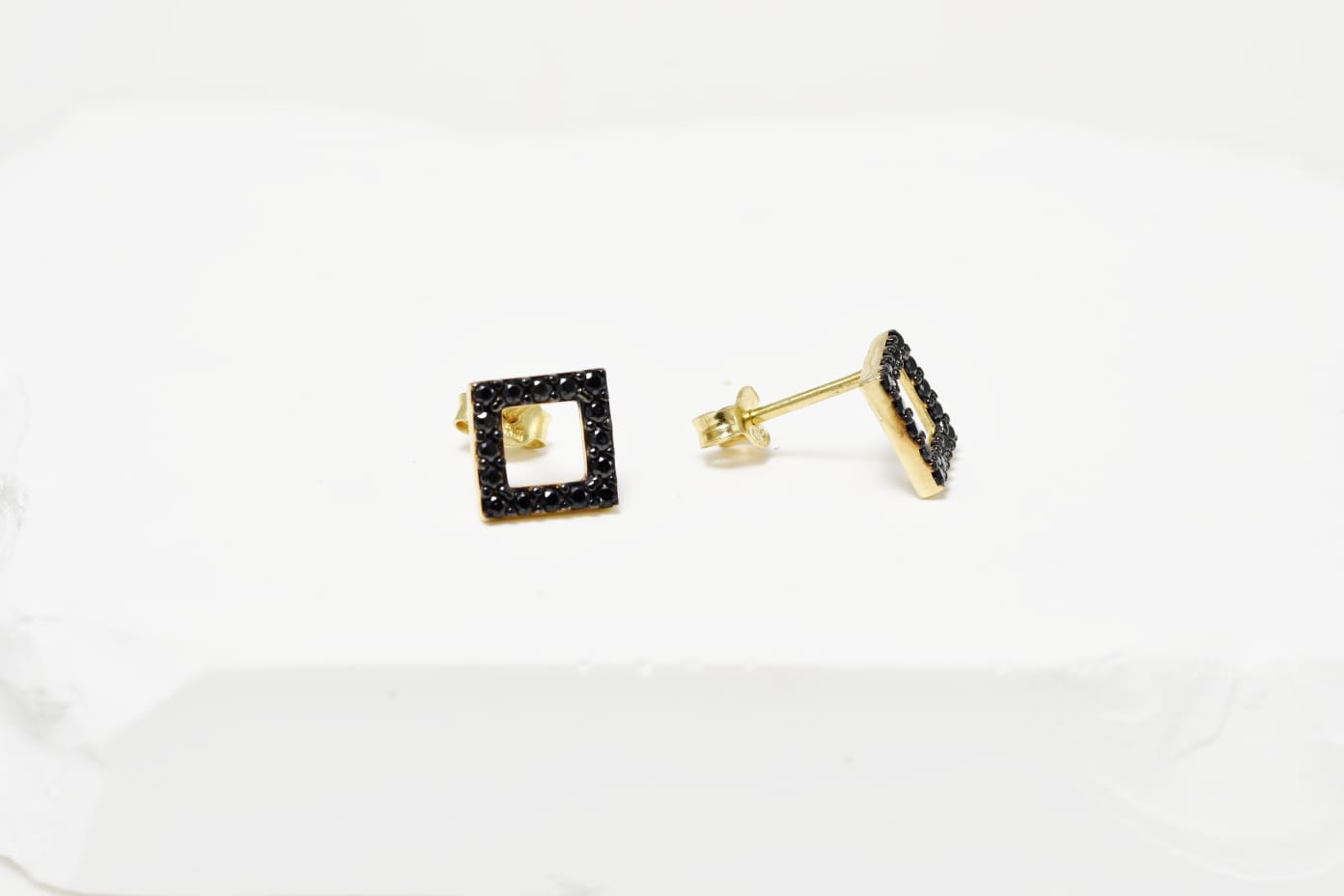 Square Stud Earrings with Black Zircon Stones