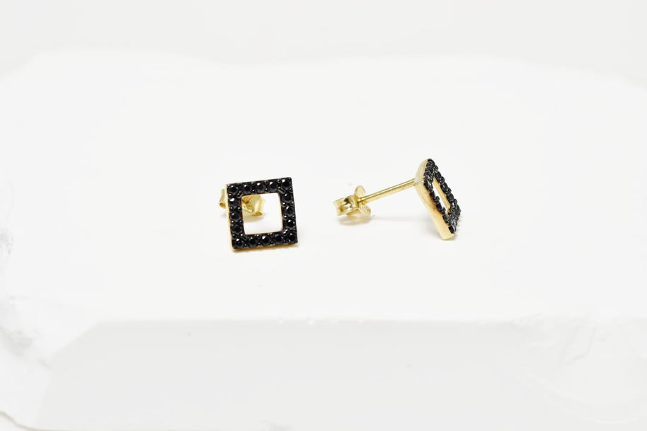 Square Stud Earrings with Black Zircon Stones
