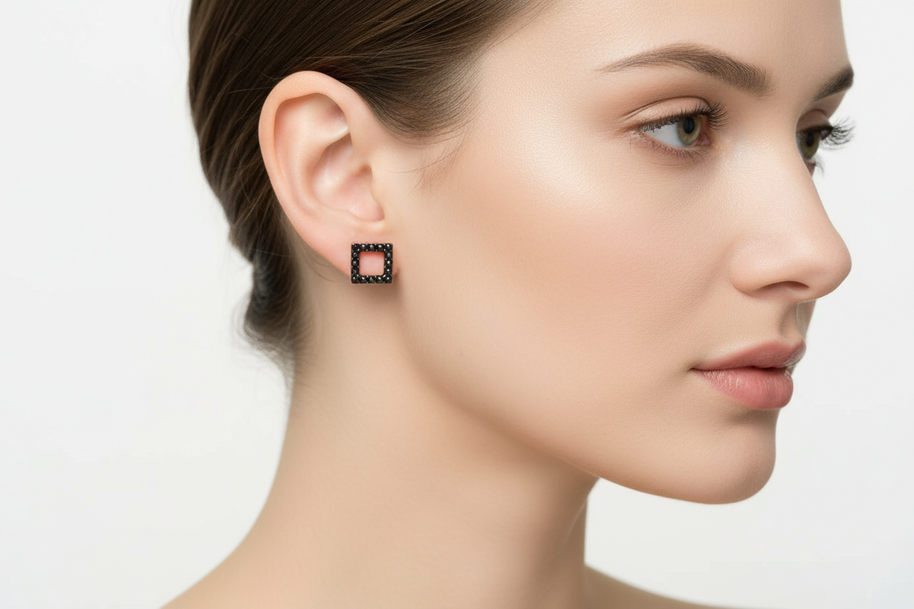 Square Stud Earrings with Black Zircon Stones