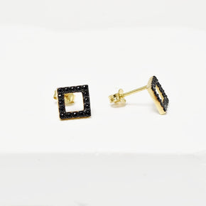 Square Stud Earrings with Black Zircon Stones