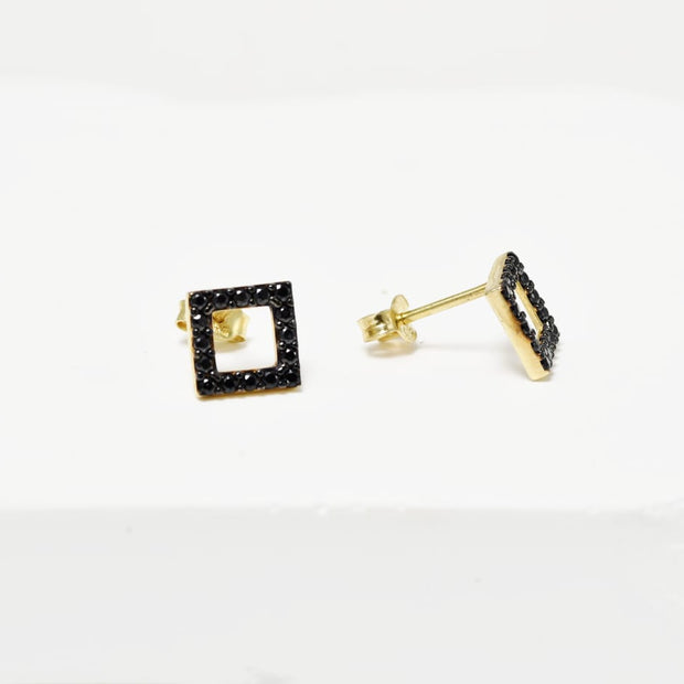 Square Stud Earrings with Black Zircon Stones