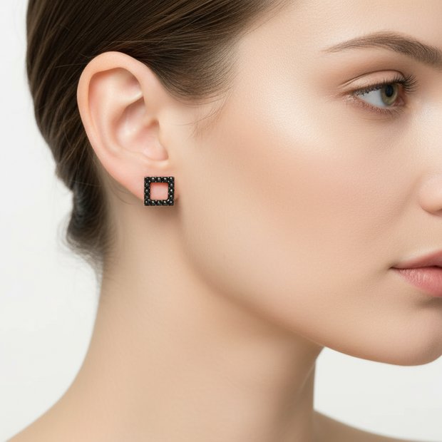 Square Stud Earrings with Black Zircon Stones