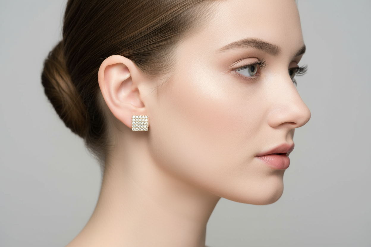 Square Stud Earrings with White Zircon Stones