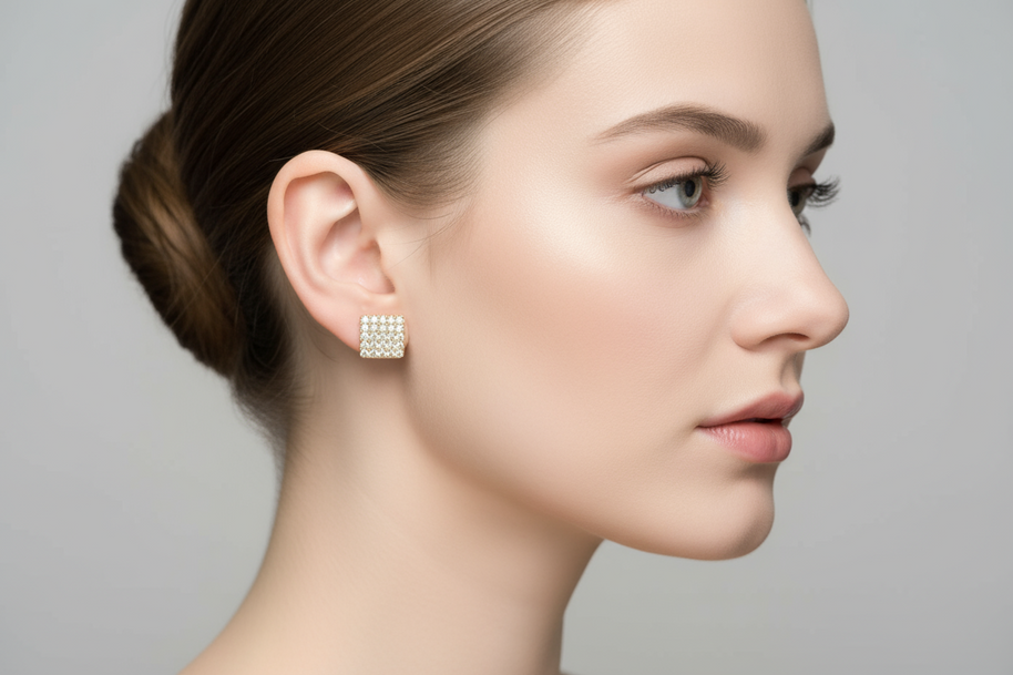Square Stud Earrings with White Zircon Stones