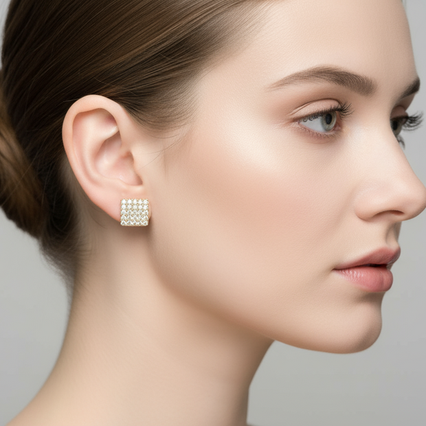 Square Stud Earrings with White Zircon Stones