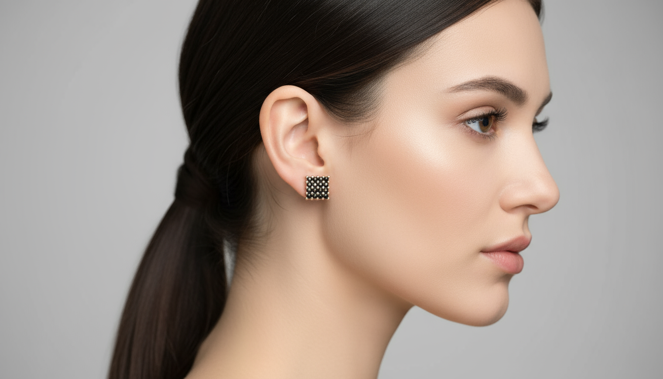 Rectangle Stud Earrings with Black Zircon Stones