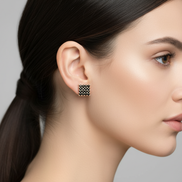 Rectangle Stud Earrings with Black Zircon Stones