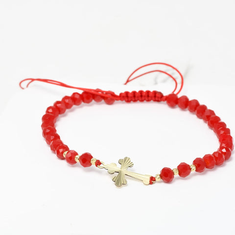 Red Beaded Bracelet with 14K Gold Cross