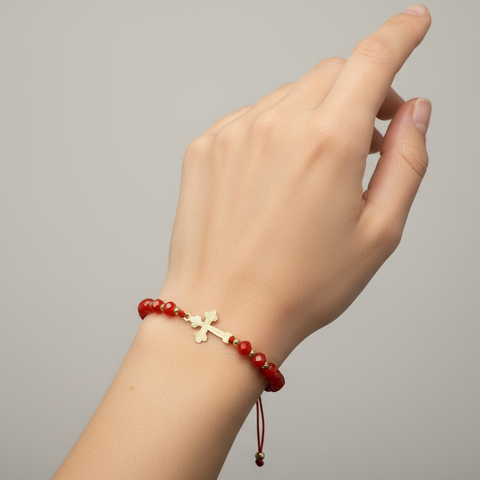Red Beaded Bracelet with 14K Gold Cross
