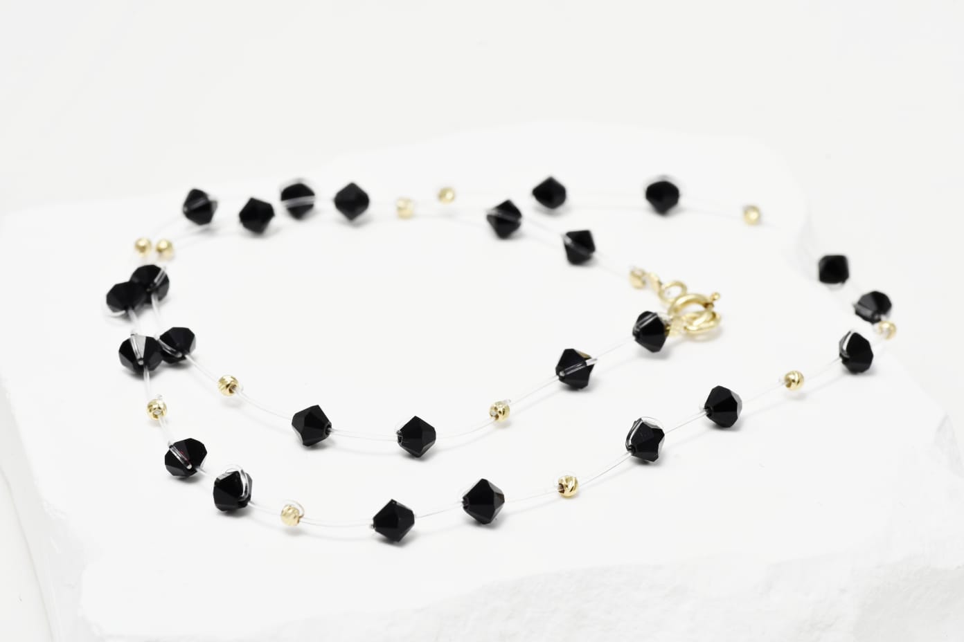 Black Beaded Necklace with 14K Gold Accents