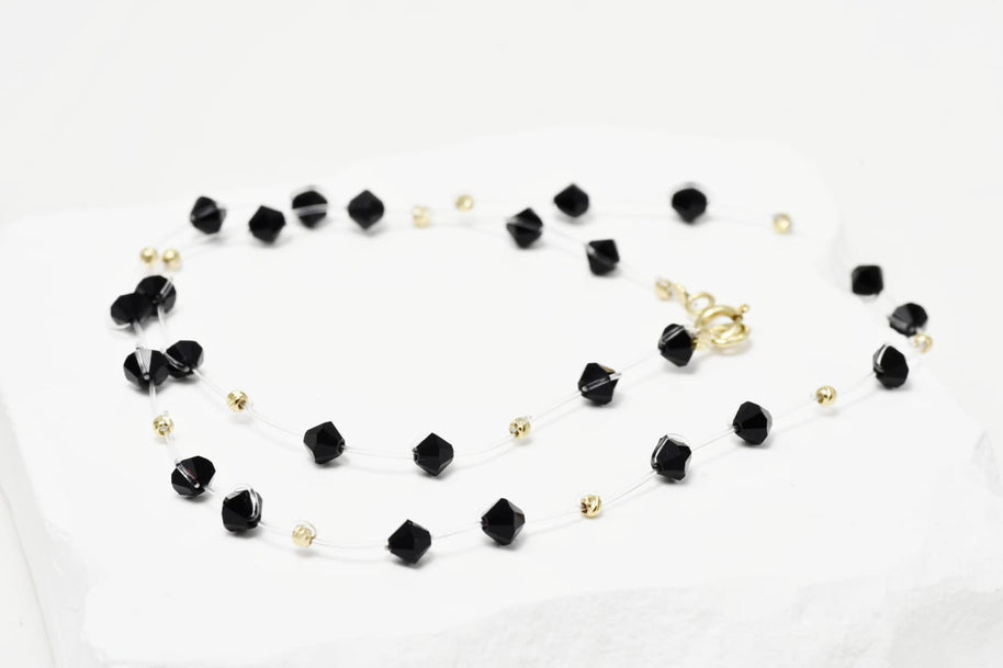 Black Beaded Necklace with 14K Gold Accents