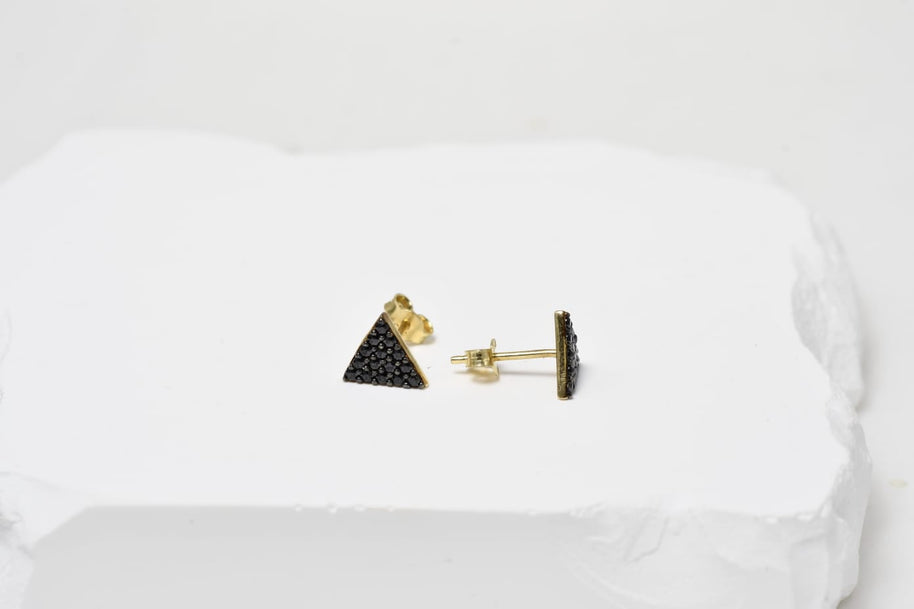 Triangle Stud Earrings with Black Zircon Stones