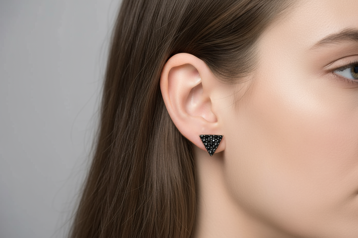 Triangle Stud Earrings with Black Zircon Stones