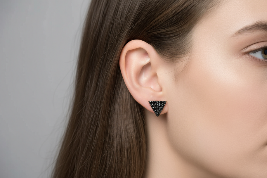 Triangle Stud Earrings with Black Zircon Stones