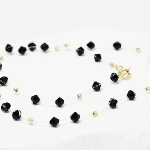 Black Beaded Necklace with 14K Gold Accents