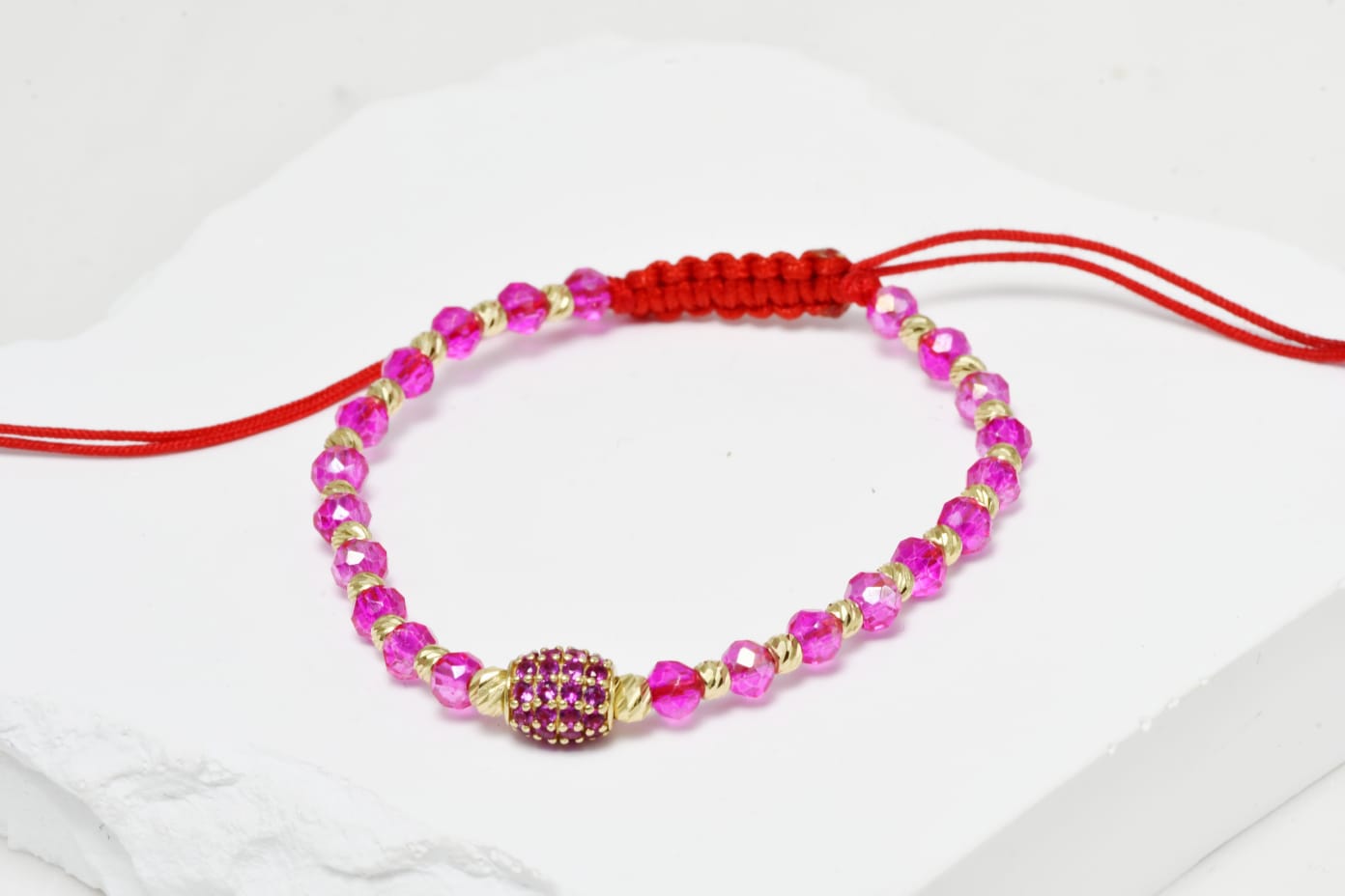 14K Gold and Pink Crystal Bracelet – Red Cord