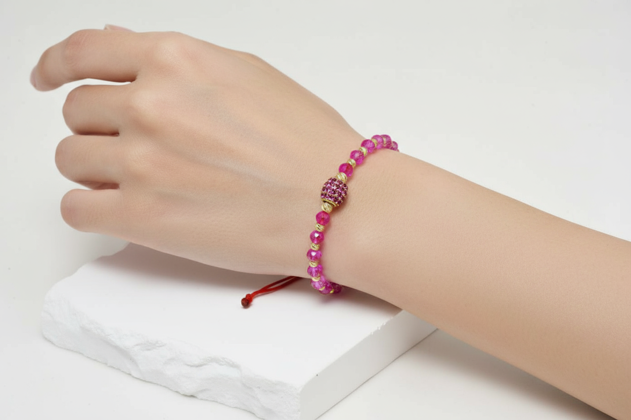 14K Gold and Pink Crystal Bracelet – Red Cord
